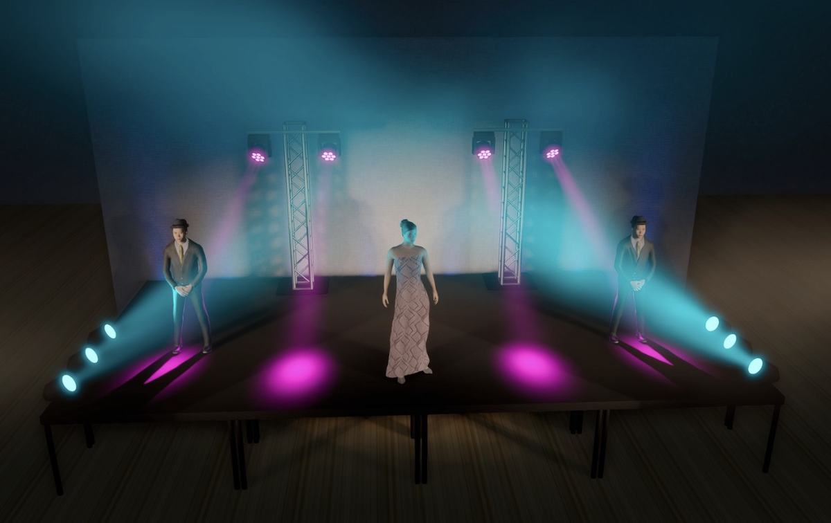 A 3D pre-visualisation render of a stage lighting design, showing truss, moving heads and coloured beams before the rig is built