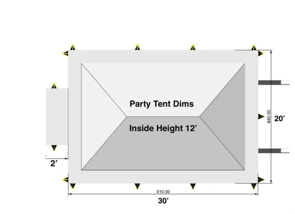 Dimension drawing of the pop-up party tent: 30 feet by 20 feet with a 12 foot inside height